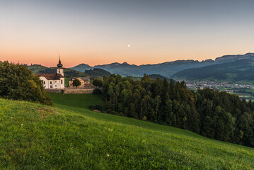Church in the Appenzell Alps with view to the Alpstein mountains with Hoher Kasten and the village...