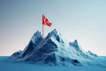 Fotobehang Abstract blue mountain with red flag on top, success concept, illustration, Generative AI © Image Infinite