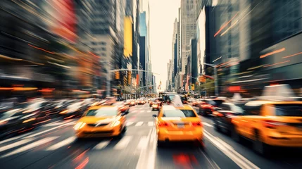 Fototapete New York TAXI Yellow taxi cars in movement with motion speed blur on crowded stret