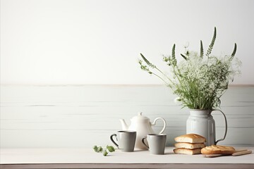 Fresh bread, tea cups, teapot, wild flowers. Minimalist Nordic Breakfast Spread