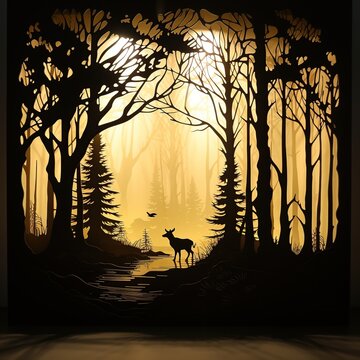 Silhouette deer animal in the forest at evening day. AI generated image