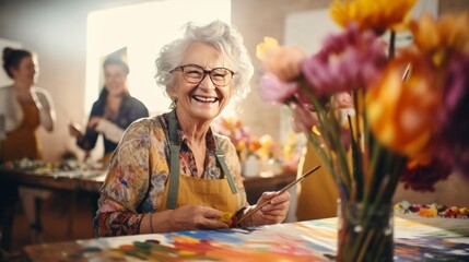 A senior woman, a smiling artist, enjoys painting activities in the studio with her friends in art class. - obrazy, fototapety, plakaty