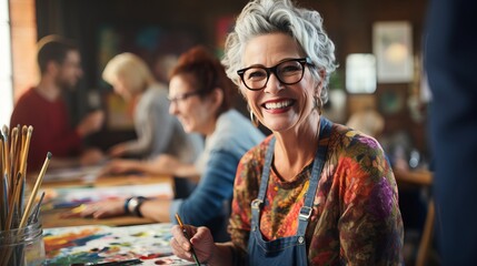 A senior woman, a smiling artist, enjoys painting activities in the studio with her friends in art class. - Powered by Adobe