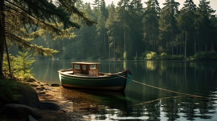 Boat on the bank of the river in the early morning