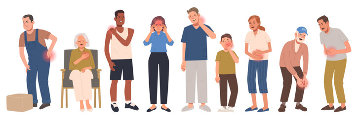 Set of characters experiencing different pain. Headache, toothache, menstrual pain