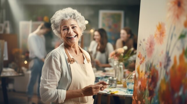 A senior woman, a smiling artist, enjoys painting activities in the studio with her friends in art class.