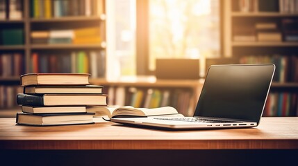 Bookshelves and laptops are placed on the library desk.E-learning class and e-book digital technology