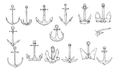 anchor ship handdrawn illustration engraving - obrazy, fototapety, plakaty