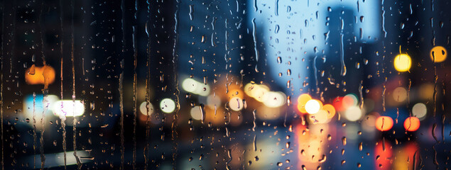 窓から見た夜景、雨の高層ビル、A wide photo of the image of rain. Illumination of the town. text space. Rain dripping down the window.Generative AI - obrazy, fototapety, plakaty