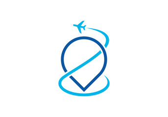 tour and travel logo design. airplane with pin icon vector illustration.