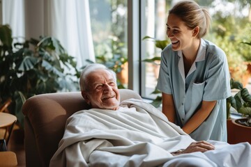 Healthcare and medicine. Old man in a nursing home with a nurse beside him. - obrazy, fototapety, plakaty
