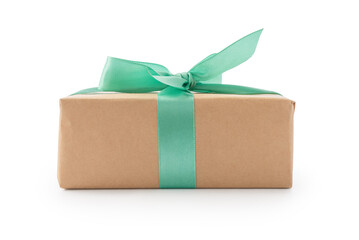 Brown paper gift box with emerald color ribbon isolated on white