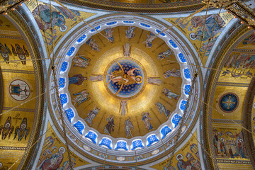 View of the dome of Saint Sava Orthodox Church with mosaic decorations, fresco and Christian icons in Belgrade, Serbia - obrazy, fototapety, plakaty