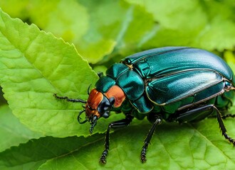 Fototapeta premium Close up of a rhinoceros beetle on a green leaf. 