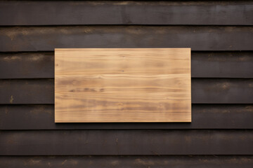 Wooden plank mockup with natural texture and color placed on black wooden wall with horizontal parallel lines. Horizontal rectangular board mock up template. Rustic feel, modern and minimal design. 