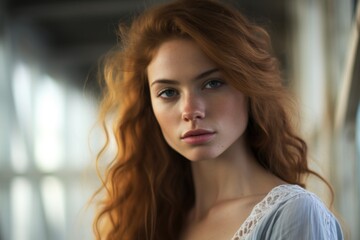 Naklejka premium Beautiful attractive romantic woman with smooth healthy face skin and curly hair. Dreamy lighting and hazy effect 