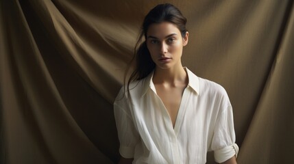 Serene model in eco-conscious attire, poised against a rich golden drape