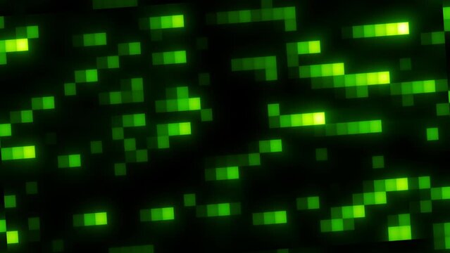 Abstract green retro pixel hipster digital background made of moving energy brick squares on a black background