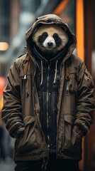cute full grown human like panda bear walking in the street wearing streetwear