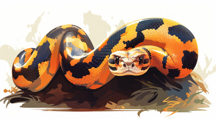 Illustration of a ball python curled among foliage, displaying its patterned scales.