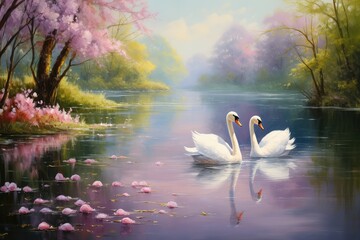 Peaceful lakeside scene with swans - obrazy, fototapety, plakaty