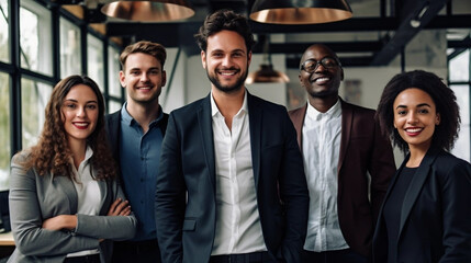 copy space, stockphoto, multicultural business team in a modern office. Beautiful multicultural people standing as a team. Teamwork, team player. Different etnic background.