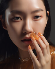 Portret azjatyckiej dziewczyny dotykającej palcami twarzy - subtelna kobiecość - Portrait of an Asian girl touching her face with her fingers - subtle femininity - AI Generated - obrazy, fototapety, plakaty