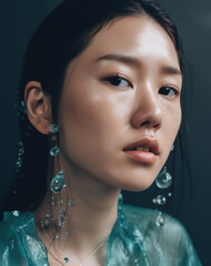 Portret azjatyckiej dziewczyny z pięknymi szklanymi kolczykami - prezentacja biżuterii - Portrait of an Asian girl with beautiful glass earrings - jewelry presentation - AI Generated - obrazy, fototapety, plakaty