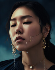 Portret pięknej azjatyckiej kobiety z kroplami na twarzy, ekskluzywna biżuteria - Portrait of a beautiful Asian woman with drops on her face, exclusive jewelry - AI Generated - obrazy, fototapety, plakaty