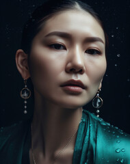 Atrakcyjny portret azjatki- dojrzała kobieta prezentująca kolczyki - portret fashion - ttractive portrait of an Asian woman - mature woman presenting earrings - fashion portrait - AI Generated - obrazy, fototapety, plakaty