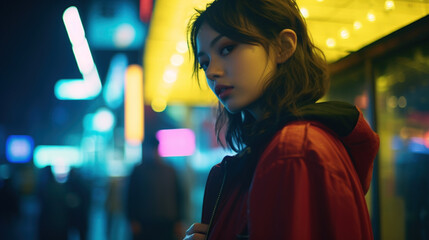 Dziewczyna tle sklepów w Tokio, portret uliczny, neonowe światła - Girl against the background of stores in Tokyo, street portrait, neon lights - AI Generated - obrazy, fototapety, plakaty