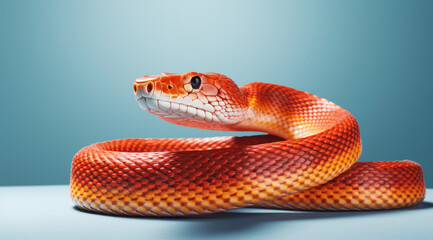 Obraz premium Illustration of a bright orange corn snake coiled and poised, with detailed scales on plain backghround.