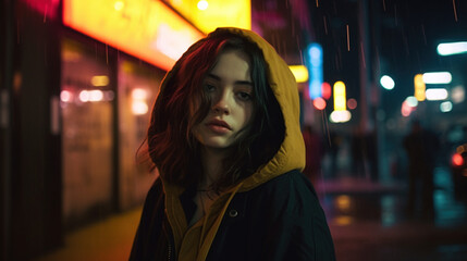 Portret uliczny - młoda dziewczyna w żółtym kapturze na tle wystaw sklepowych - nostalgiczny hip-hop -Street portrait - young girl in yellow hoodie against a background of store windows - AI Generated - obrazy, fototapety, plakaty