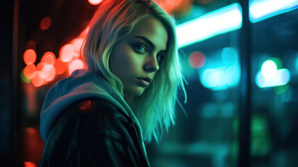 Melancholiczny portret blondynki na tle nocnego miasta - Melancholic portrait of a blonde woman against the backdrop of a night city - AI Generated - obrazy, fototapety, plakaty