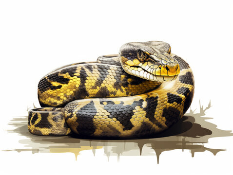 A lifelike illustration of a Carpet Python coiled up, resting on plain background.