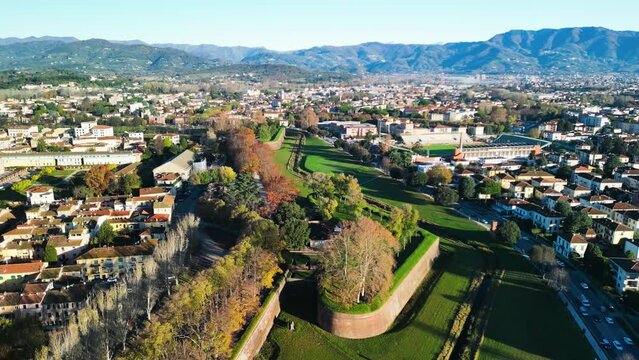 Aerial view of Lucca in Tuscany on a beautiful autumn day