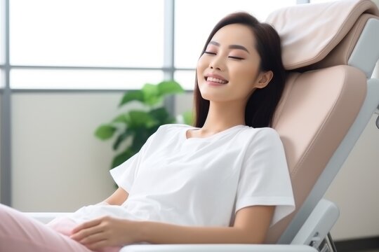 asian woman smiling happily while sitting in medical chair at dental clinic. AI Generated