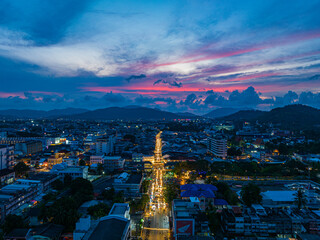 ..aerial view The lights twinkled along Talang walking street at night..Bright colors along the...