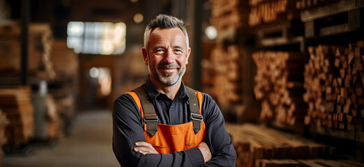 A old carpenter smiles confidently. Standing with arms crossed in a wood factory - obrazy, fototapety, plakaty