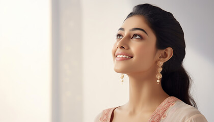 Portrait of a young, smiling Indian woman in traditional attire, Looking at the sky. 