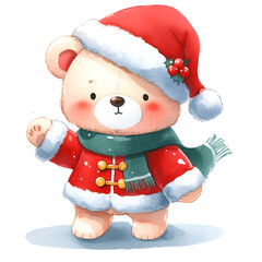 Christmas  cute bear wearing Santa suit watercolor holiday illustration isolated on white background, symbol winter, new year and Christmas, greeting card.