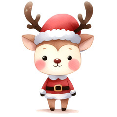 Watercolor Christmas illustration with cute reindeer Santa Claus suit happy fun
