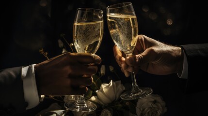 Two people holding a glass of champagne