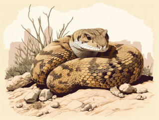 Fototapeta premium Illustration of a camouflaged diamondback rattlesnake coiled in a natural dry habitat.