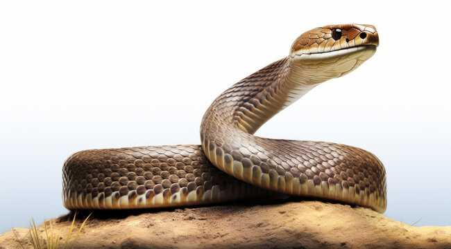 Artist's rendering of a King Cobra, poised and hooded, in a natural setting.