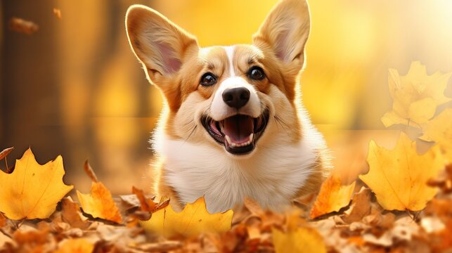 Autumn postcard with a portrait of a smiling corgi dog on a blurred colorful natural background of autumn foliage. Template, copy space.