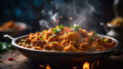 A close-up shot capturing the sizzling texture of Indian cuisine, with steam rising from the dish. Macro Photography with a 100mm lens and soft lighting AI-generative