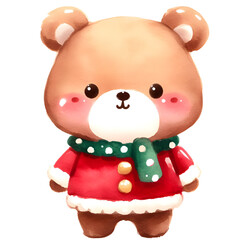 Christmas  cute bear wearing Santa suit watercolor holiday illustration isolated on white background, symbol winter, new year and Christmas, greeting card.