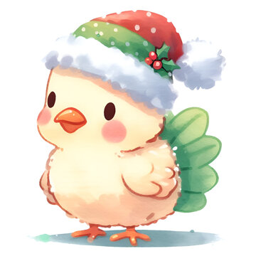 Watercolor Christmas illustration of cute Turkey chicken wearing santa suit happy cute