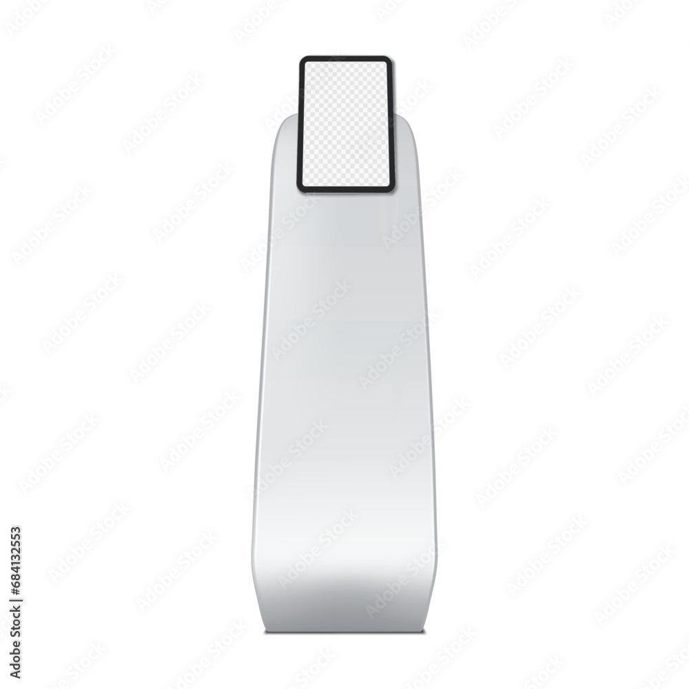 Wall mural exhibition tablet stand with transparent screen realistic mock-up. blank digital display vector mock
